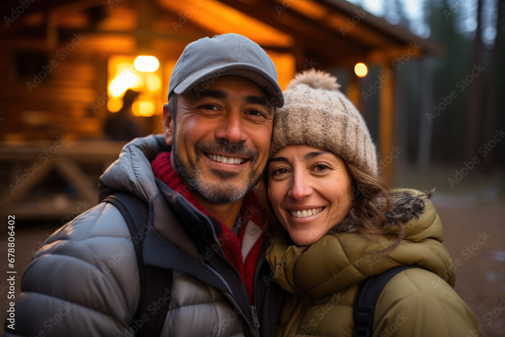 Smiling couple in winter warm clothes in front of a cabin in holiday season