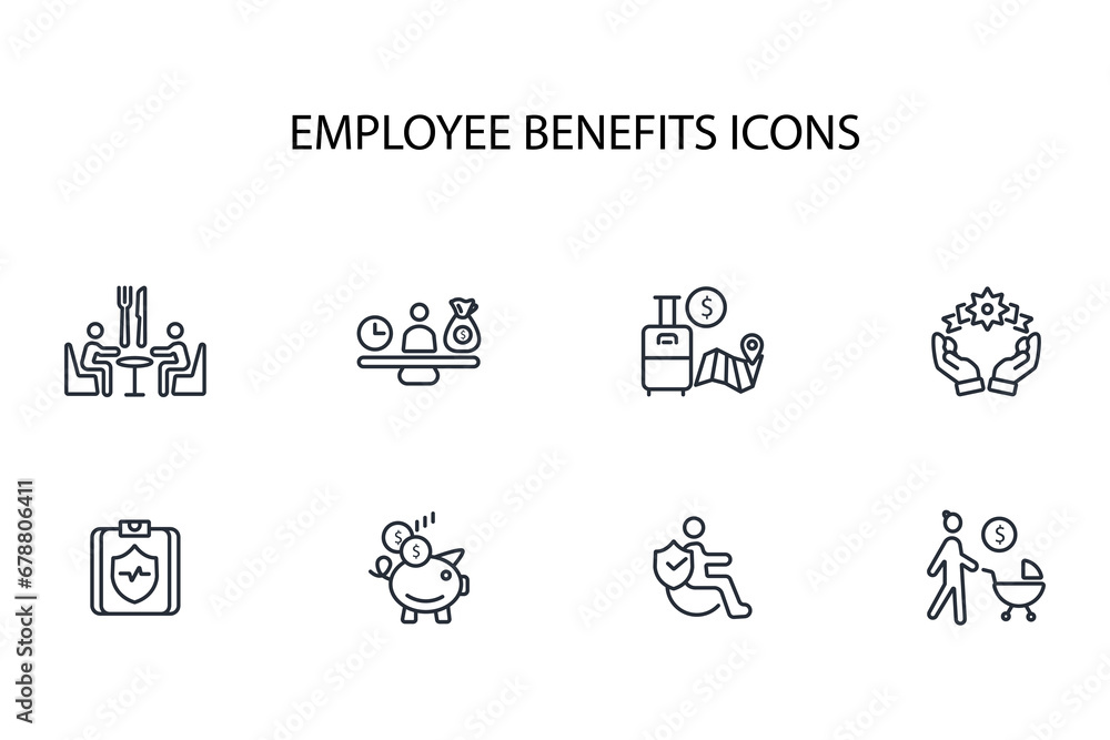 Employee benefits icon set.vector.Editable stroke.linear style sign for use web design,logo.Symbol illustration. Employee benefits icon set.vector.Editable stroke.linear style sign for use web design,logo.Symbol illustration.