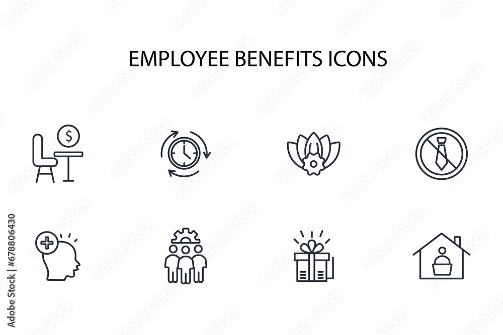 Employee benefits icon set.vector.Editable stroke.linear style sign for use web design,logo.Symbol illustration. Employee benefits icon set.vector.Editable stroke.linear style sign for use web design,logo.Symbol illustration.
