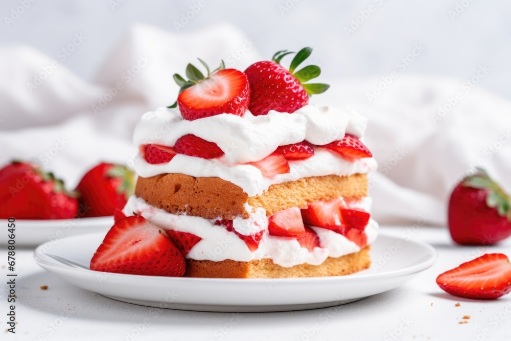 A close up of a piece of cake with strawberries on top. A close up of a piece of cake with strawberries on top.