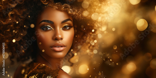 primo piano di modella di colore su sfondo dorato ricco di oro e luci magiche , abito e gioielli dorati, concetto di bellezza e lusso