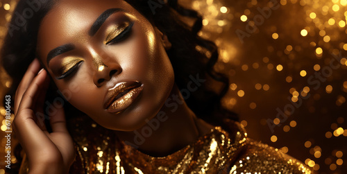 primo piano di modella di colore su sfondo dorato ricco di oro e luci magiche , abito e gioielli dorati, concetto di bellezza e lusso photo