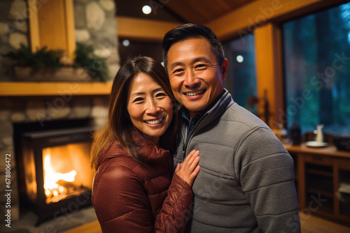 Happy middle age asian couple hugging near fireplace in winter forest cabin © dvoevnore