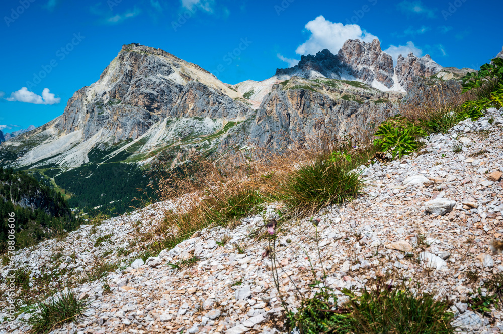 Dolomites, five towers. Breathtaking panorama of the mountains above Cortina d'Ampezzo.