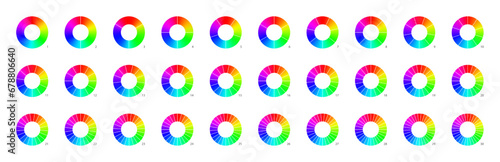 Gradient colored pie chart templates. Bright vibrant infographic donut graphs. Vector diagram wheel for multiple section circle. 3, 4, 5, 6 parts of ring.