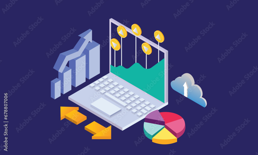 Fototapeta premium Isometric business analysis .on purple background. 3d concept. 3d vector.isometric vector design Illustration.