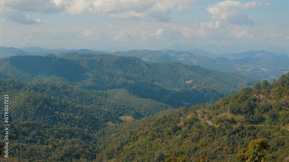 Panoramic landscape of forest in mountainous region, serene beauty under cloudy sky, untouched wilderness vista. Panoramic landscape of forest in mountainous region, serene beauty under cloudy sky, untouched wilderness vista.