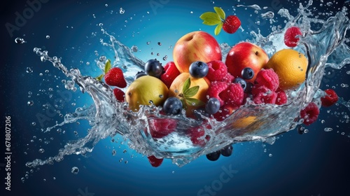  a bunch of fruit is splashing out of a bowl of water with a butterfly on top of the fruit and the water is splashing on the bottom of the bowl. © Oleg