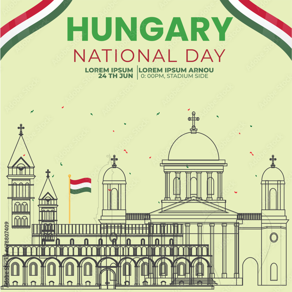 Obraz premium Hungary national day social media post with Hungarian flag . Landmark of Budapest . Vector Illustration