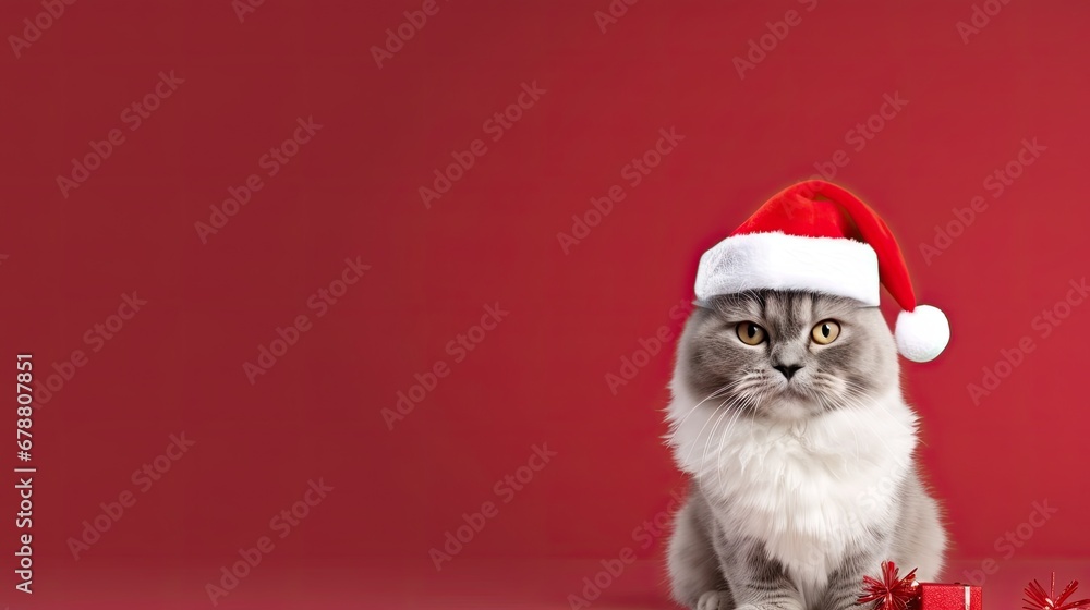 Christmas cat with santa hat on a red background. Banner copy space for text. Christmas cat with santa hat on a red background. Banner copy space for text.