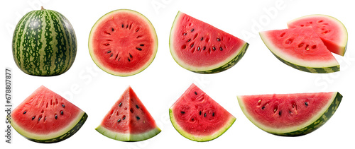 Watermelon watermelons, many angles and view side top front sliced halved bunch cut isolated on transparent background cutout, PNG file. Mockup template for artwork graphic design