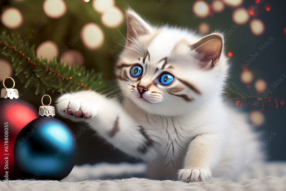 Um filhote de gato branco brincando com uma bola natalina, com luzes de Natal ao fundo.