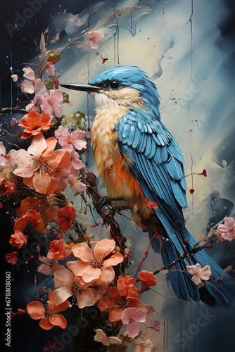 Kingfisher Bird Perched on a Branch Amidst Azalea Flowers and Raindrops