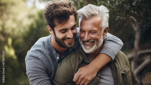 Portrait of a father and son hugging in nature. They are looking at each other and smiling. lgbt pride