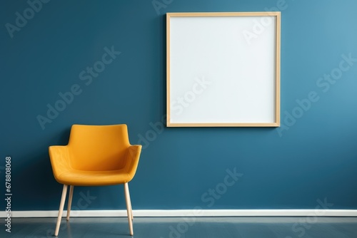 Mockup. Gelber Stuhl vor blauer Wand mit leerem, weißem Bilderrahmen. Minimalistische Inneneinrichtung.