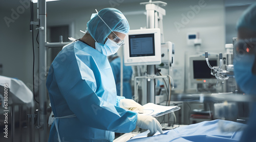 Focused doctor in blue scrubs readies for surgery in a well-equipped operation room. photo