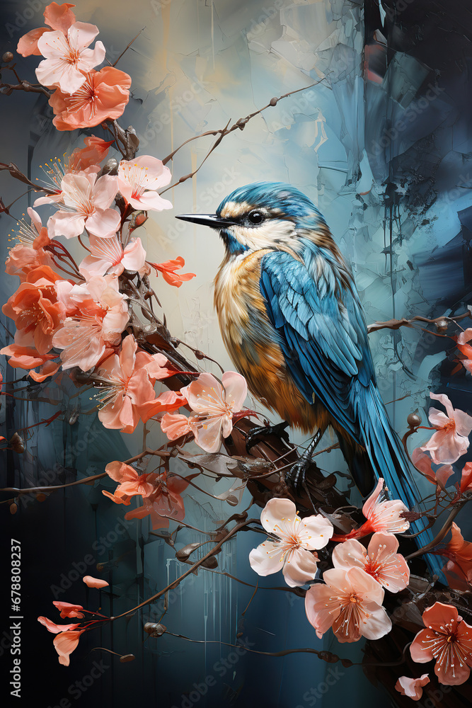 Kingfisher Bird Perched on a Branch Amidst Azalea Flowers and Raindrops