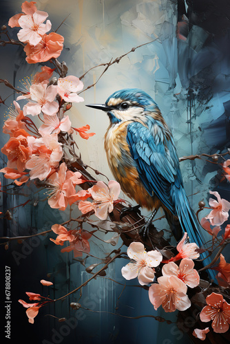 Obraz na płótnie Kingfisher Bird Perched on a Branch Amidst Azalea Flowers and Raindrops w salonie