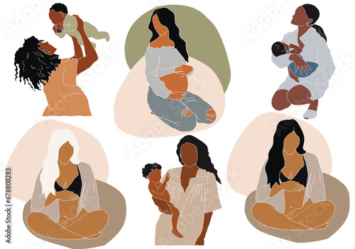 Freehand illustrations of a mother and child in the style of flat graphics isolated on a white background. Hand drawn for Mother's Day. Pregnant Women. Motherhood. Design cards