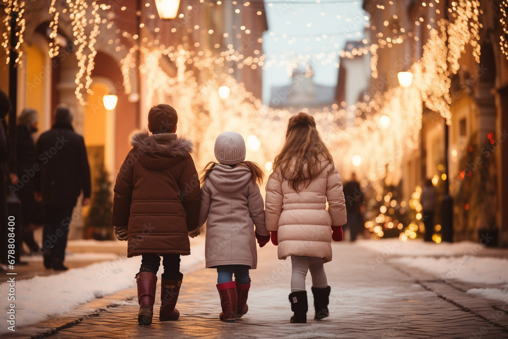 Festive atmosphere in a small town during the Christmas and New Year holidays. Kids on city streets. Winter snowy ambience
