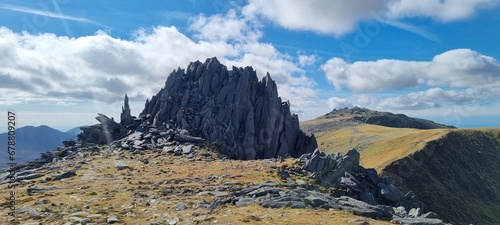 Hiking in Eryri National Park, Snowdonia, Wales, Glyderau and Snowdon sunny day photo