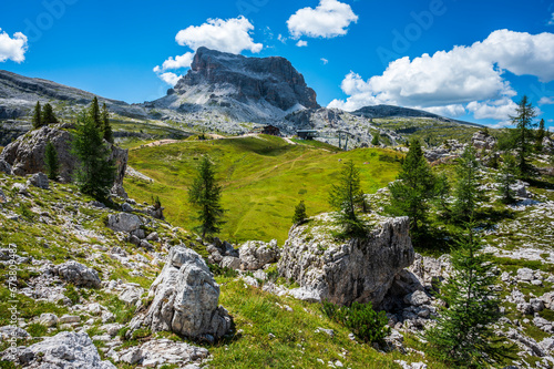 Dolomites, five towers. Breathtaking panorama of the mountains above Cortina d'Ampezzo.