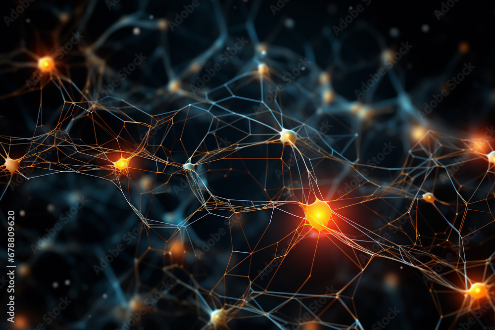 Intense orange neural network with bright connections on black Intense orange neural network with bright connections on black