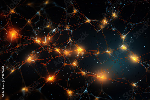 Network of neurons with bright orange connections on dark background