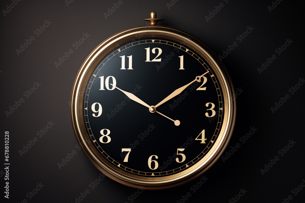 Classic wall clock with golden frame on black background Classic wall clock with golden frame on black background