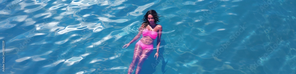 East Indian Woman Enjoying a Pink Bikini Pool Float Generative AI