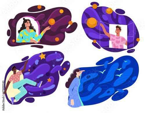 Imagination and inspiration set. Set of men and women fantasizing and dreaming. Creativity and art. Discovery of unknown opportunities. Cartoon flat vector collection isolated on white background