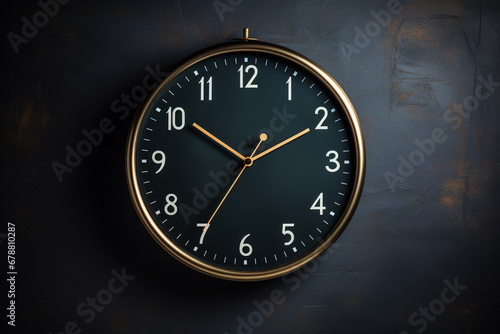 Sleek black wall clock with gold details and dark ambiance