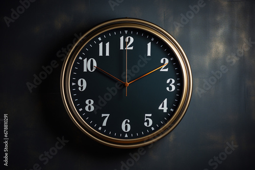 Classic black clock with golden rim on dark background at ten ten