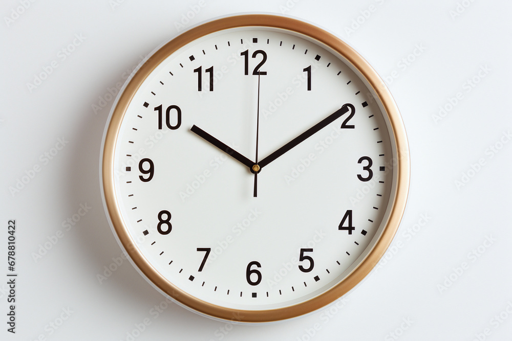 Wall clock with wooden edge and black pointers on white background at ten ten Wall clock with wooden edge and black pointers on white background at ten ten