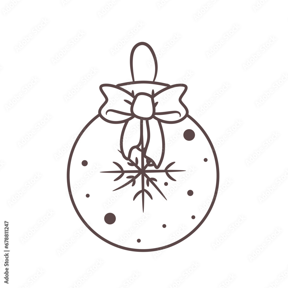 Isolated Outline Vector Illustration of Christmas ornament with snowflake and bow. Element of xmas and New Year decoration Isolated Outline Vector Illustration of Christmas ornament with snowflake and bow. Element of xmas and New Year decoration