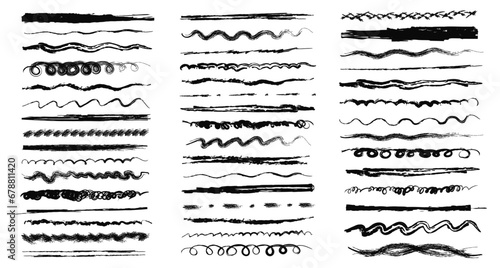 Big collection of various hand drawn sketchy graphite pencil or paintbrush lines, underlines, scribbles, dividers, waves, squiggles, etc. Vector freehand black brush strokes, artistic design elements