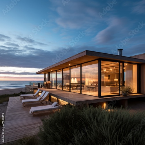 Elegant and modern eco-lodge with floor-to-ceiling glass walls offering panoramic views of the ocean and sandy shores