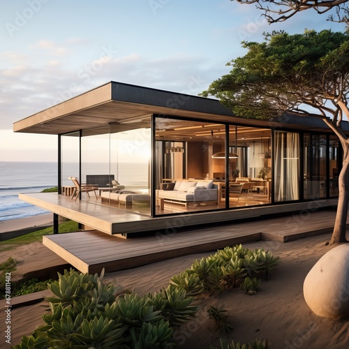 Elegant and modern eco-lodge with floor-to-ceiling glass walls offering panoramic views of the ocean and sandy shores © DK_2020