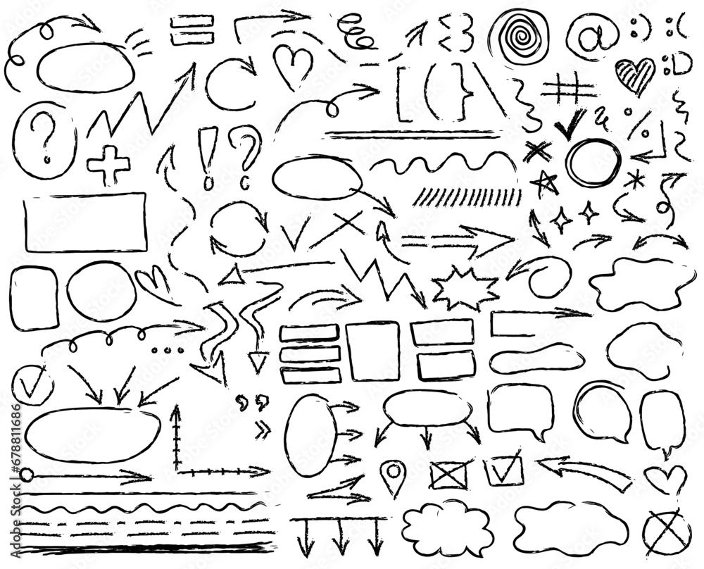 Set of hand drawn doodle felt-tip pen symbols for diagrams - arrows, frames, underlines, emphasis, bubbles, marks, statistics for presentation. Freehand sketchy data visualization, infographic element - obrazy, fototapety, plakaty 