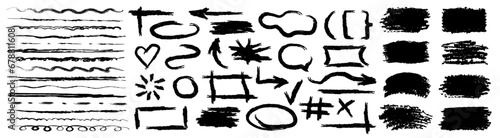 Collection of black raw textured sketch elements on white background. Rough grunge underline markers, text boxes, brush strokes, hand drawn frames, arrows, emphasis, doodle bubbles, etc