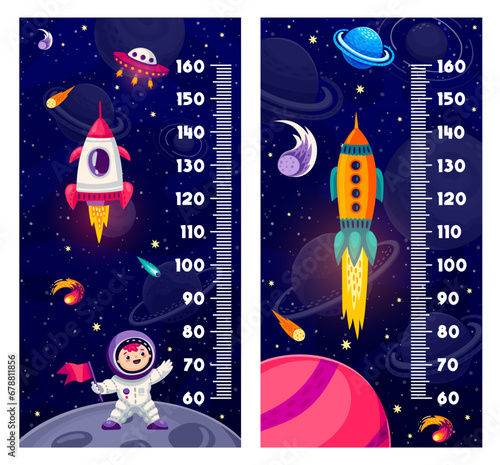 Kids height chart measure ruler with spaceships and galaxy planets on starry space landscape. Vector measure scale wall sticker with cartoon kid astronaut character, rockets, UFO and stars