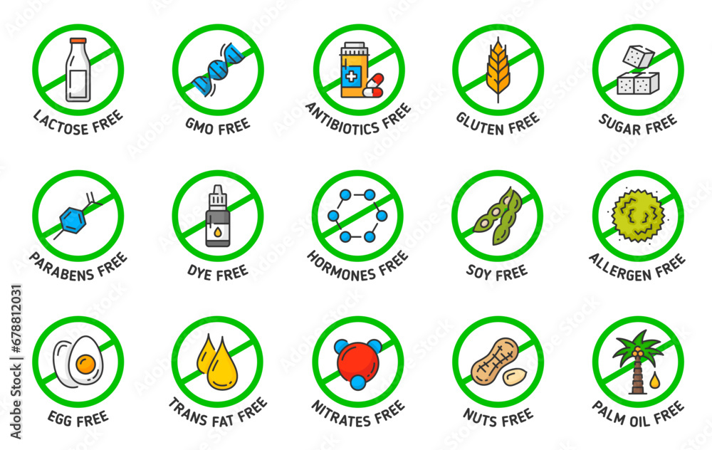 Sugar, gluten, GMO, lactose free icons and signs. Organic product, certified quality food vector pictogram. Soy, allergen, parabens and trans fats, nitrates, palm oil, DYE and hormones contain label