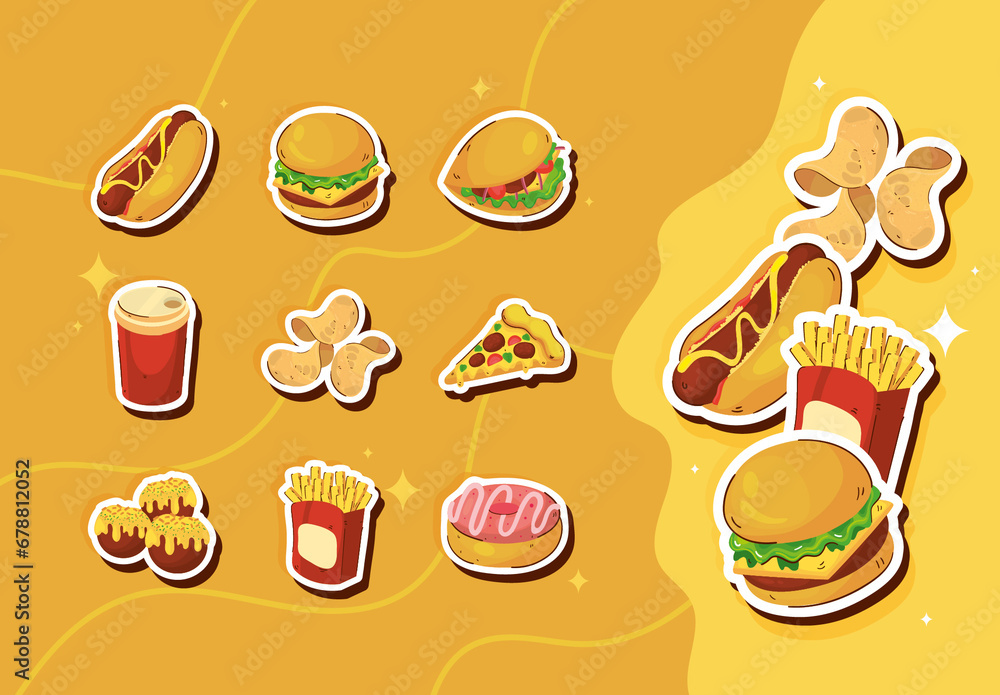 Fast Food Sticker Sets Stock Template | Adobe Stock