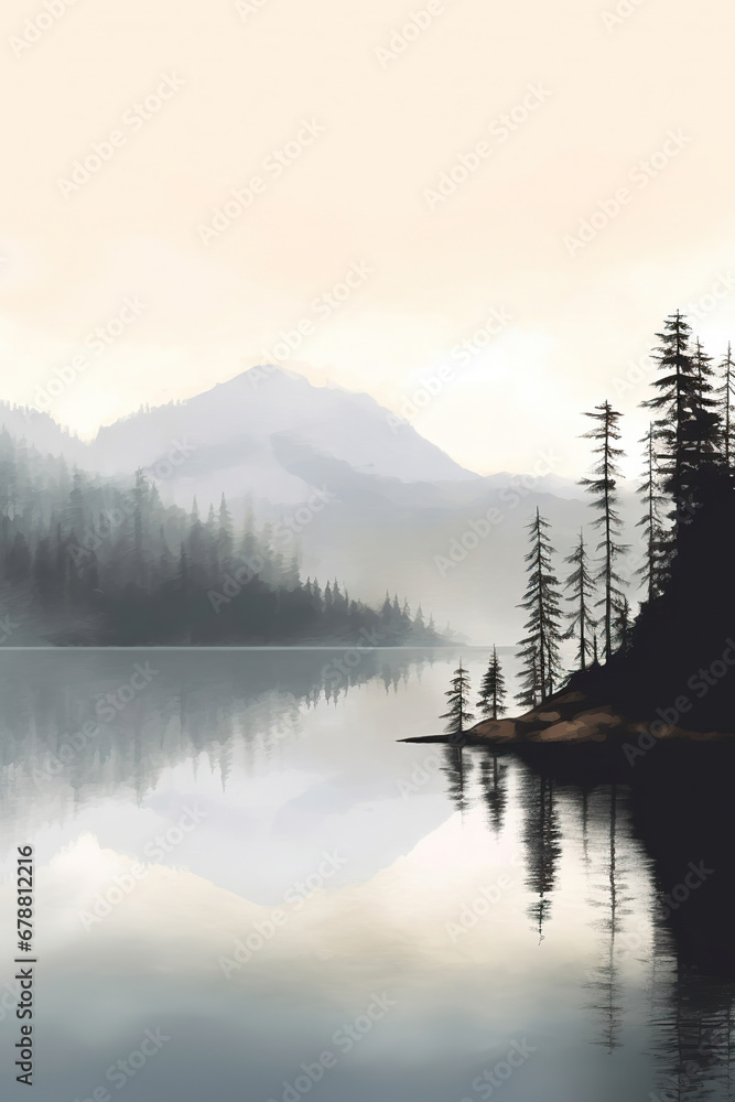 Misty Mountain Morning: A Peaceful Landscape Illustration