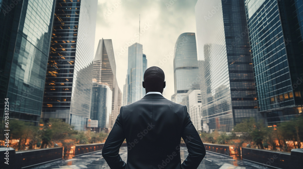 African American businessman in a business suit against the background of skyscraper office buildings. ai generative African American businessman in a business suit against the background of skyscraper office buildings. ai generative