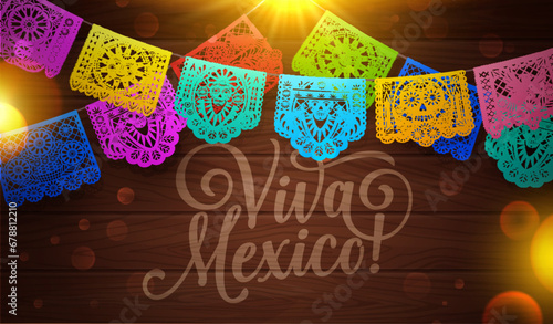 Viva Mexico background with paper cut mexican papel picado flags. Vector garlands of color paper flags with ethnic patterns, Mexico Independence Day, Cinco de Mayo and Day of the Dead holidays banner
