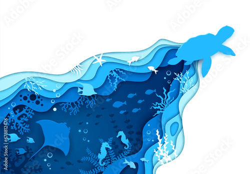 Ocean turtle silhouette and sea paper cut underwater landscape with seaweeds and animals, vector background. Undersea world or coral reef life in papercut layers with stingray, starfish and seahorse