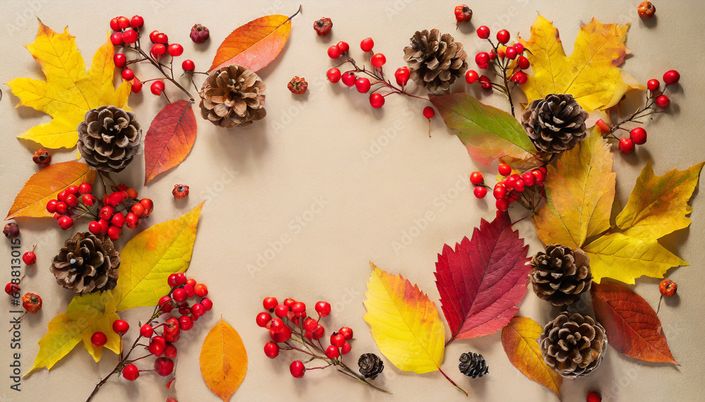 frame of colorful red and yellow autumn leaves with cones and rowan berries on trendy beige background first day of school back to school fall concept