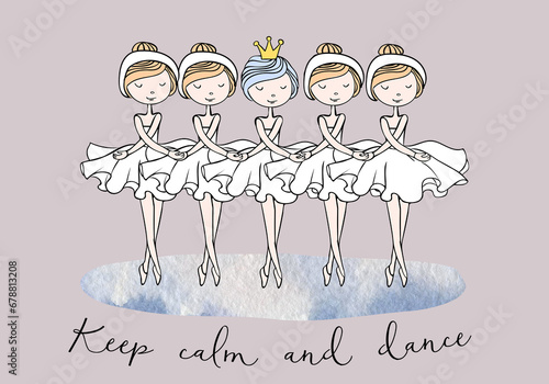 Cute little cartoon princesses dancing little swan dance. Ink sketch and watercolor