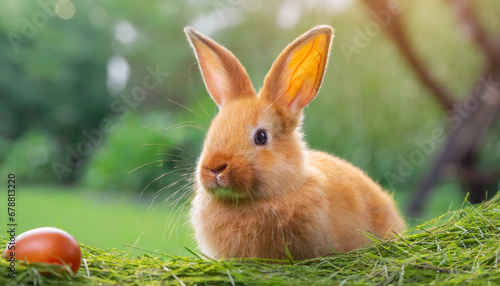 cute easter orange bunny rabbit on green grass and green blurred background close up